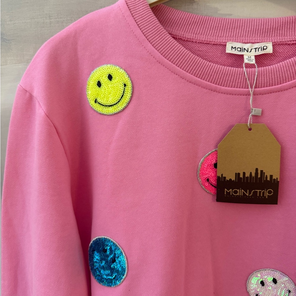 Pink Smiley Face Sequin Crew Neck Sweatshirt - Picture 5 of 9